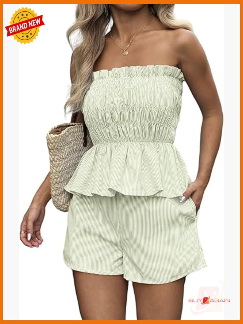 Women 2 Piece Outfits Ruffle Stripe Shorts Set Off Shoulder Smocked Crop Top